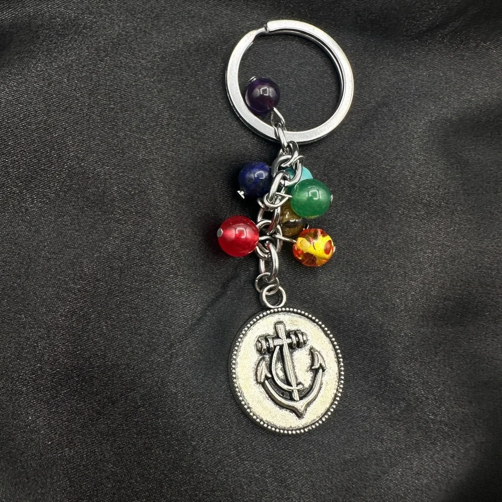 Vintage 80s 7 Chakra Healing Stone Keychain Yoga Reiki Anchor Charm Gift Jewelry